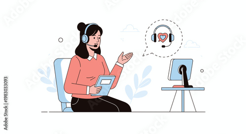 Customer service representative with headset and computer, offering support and care