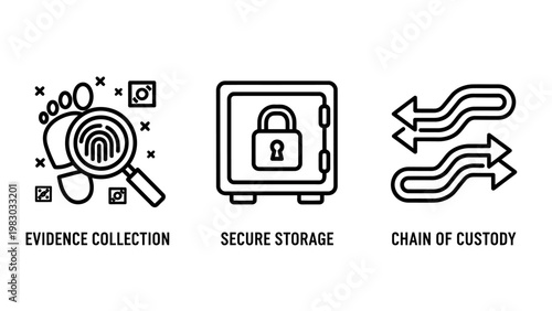 Law enforcement evidence collection and secure storage icons featuring forensic chain of custody magnifying glass and vault for criminal investigation procedures forensic evidence collection