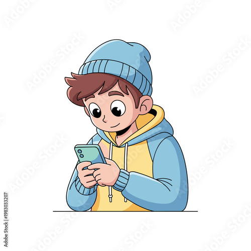 Cartoon teenager smiling while scrolling social media on smartphone