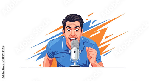 Excited Man Speaking into Microphone, Podcasting, Announcing, Live Streaming