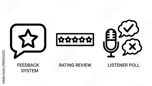 Customer feedback system rating review and listener poll icons set for business assessment and performance evaluation interface design with feedback listener microphone evaluation assessment