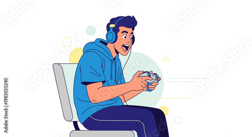 Excited Young Man Playing Video Games with Headphones and Controller
