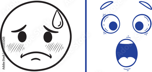 Set of sad and surprised emoji faces in minimalist line art vector illustration for social media reactions
