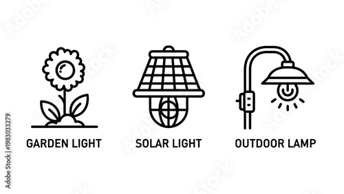 Outdoor lighting and garden decoration icons including solar powered light and landscape lamp designs for home improvement and exterior styling with exterior decoration improvement landscaping