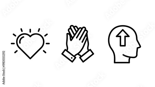 Positive mindset mental health and appreciation icons set featuring heart clapping hands and profile with up arrow for wellness and personal growth clapping applause appreciation gratitude