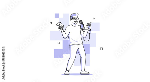 Gamer and Podcaster Holding Microphone and Game Controller, Digital Art