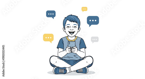 Happy boy with smartphone, chatting online, surrounded by speech bubbles