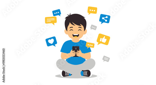 Happy boy with smartphone surrounded by social media icons, likes, shares, and messages