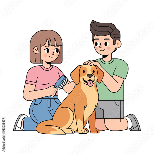 Two teenagers grooming a dog while sitting on the floor indoors  