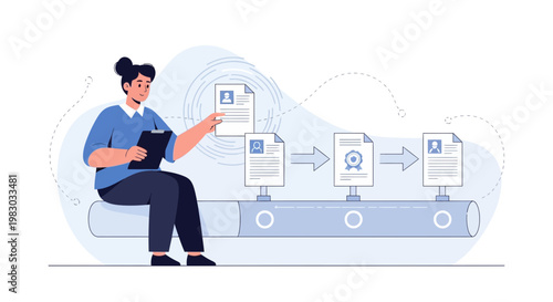 HR manager reviewing resumes on a conveyor belt, recruitment process concept