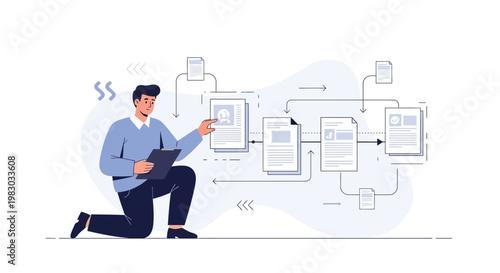 Man analyzing workflow process, documents and flowchart, business strategy and planning