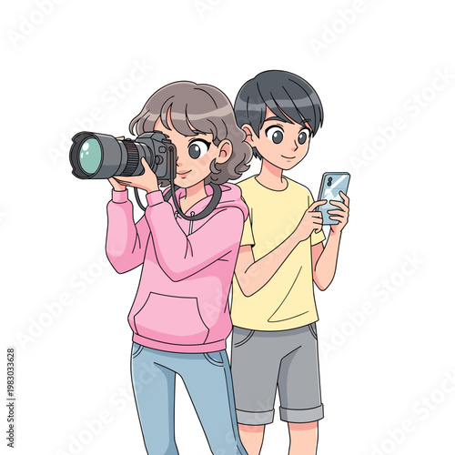 Teens taking photos and using smartphone in casual setting  