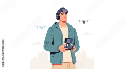 Man controlling drones with VR headset and remote, modern technology concept