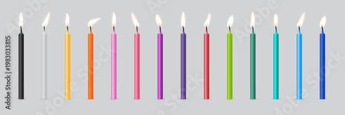 Birthday candles for cake. 3d birthday candles with different colors and glowing flames. Colorful party decoration elements for happy celebration. Festive realistic vector illustration.