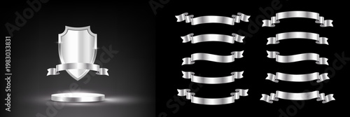 Silver award podium with shield, ribbon and set of different chrome ribbons on dark background. Luxury templates for product presentation, winner ceremony, honors branding. Elegant vector banner.