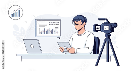 Man filming campaign marketing presentation with camera and laptop