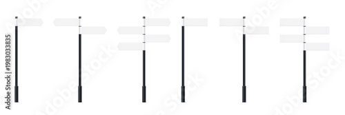 Realistic 3D road sign with arrow on black metal pole. Street traffic signage set isolated on white. Direction board mockup for highway navigation and city guidance design.