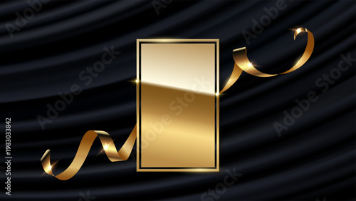 Award background. Gold award frame with golden silk ribbon on black curtain backdrop and empty space in center. Elegant luxury vector illustration, banner for event, winner ceremony, invitation, VIP.