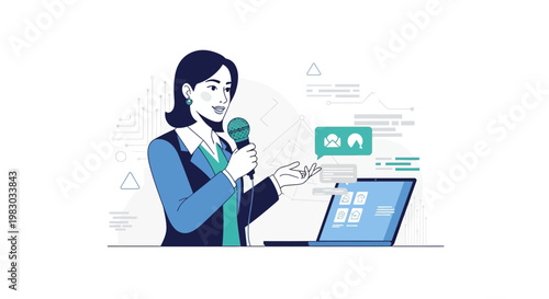 Businesswoman presenting with laptop and microphone, digital data visualization