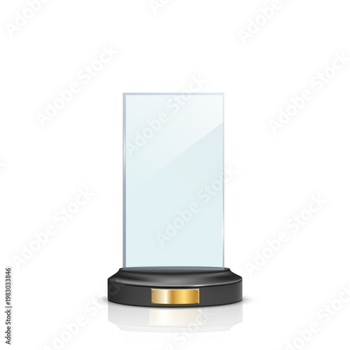 Glass award trophy. Crystal winner prize. Acrylic winner cup. Realistic vector illustration of trophy for sport competition, business achievement, recognition, celebration ceremony.
