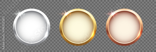 Gold, silver, bronze circle medals. Metal coins. First, second, third place award frames isolated on transparent. Winners trophy. Blank shiny badge, label. Realistic vector illustrations set.