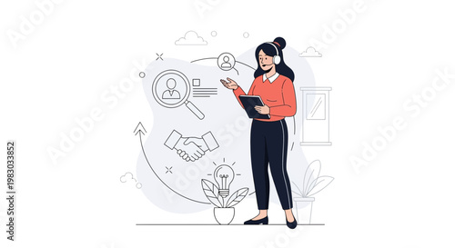 Businesswoman with headset and tablet, analyzing recruitment process with icons