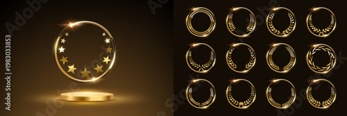 Gold award podium with star laurel wreath in glowing round frame and set of different wreaths. Luxury templates for product presentation, winner ceremony, honors branding. Elegant vector illustration.