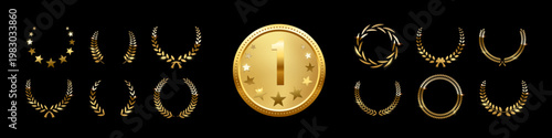 Gold award medals with laurel wreath. Golden medals with number one and leaf wreath on black background. 3d metal winner emblems. Realistic vector illustrations set.