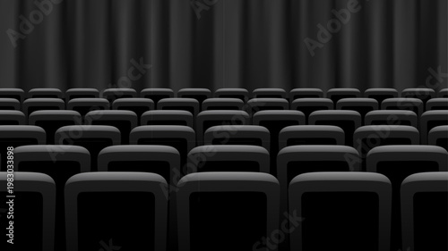 Black theater stage curtain. Cinema stage curtain audience hall with rows of dark seats. Classic performance interior scene, movie, presentation, conference. Realistic vector illustration.