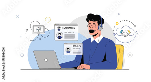 Customer service agent with headset working on laptop, online evaluation and results