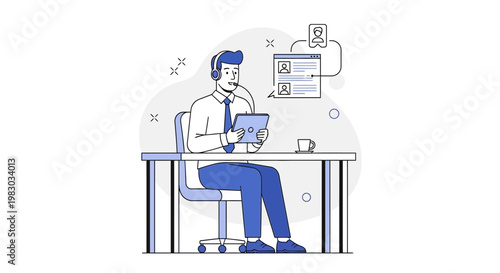 Customer service agent with headset and tablet at desk, online support concept