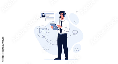Customer service agent with headset and tablet, digital communication concept