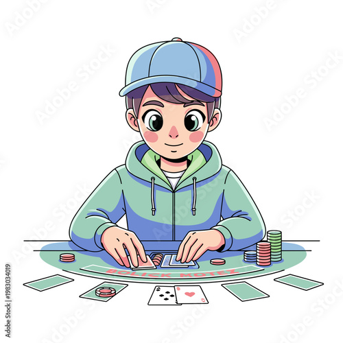 Young adult playing blackjack at casino table with poker chips  