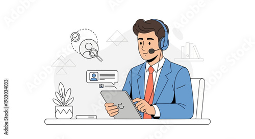 Customer Service Agent with Headset Working on Tablet, Online Support Concept
