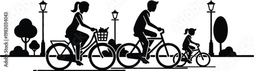 Family cycling together in a park, enjoying a healthy outdoor activity