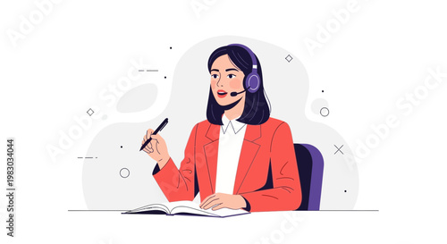 Customer service representative with headset and pen taking notes, business illustration