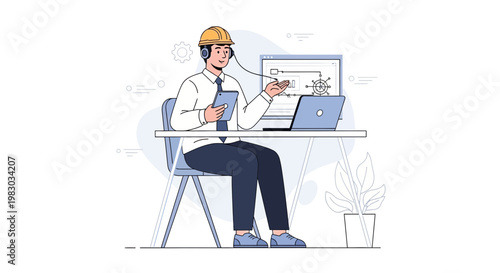Engineer with Headphones and Tablet Works on Laptop with Technical Diagram