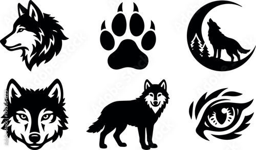 Black silhouette wolf head paw full body and eye vector art icons