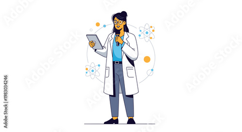 Female Scientist Holding Tablet and Microscope, Atom Symbols