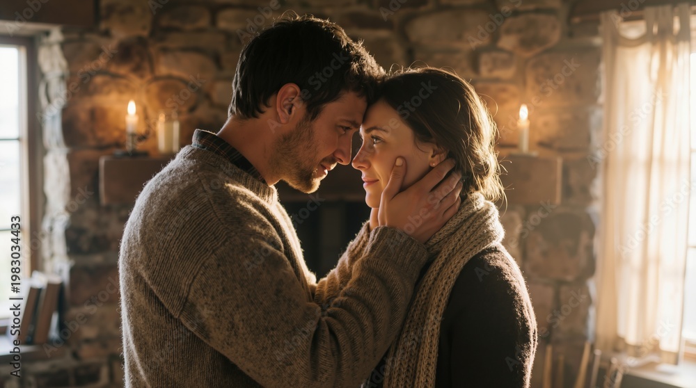 Fototapeta premium Young man and woman looking at each other in cozy rustic cottage. Romantic couple embracing in warm candlelight. Intimate lifestyle moment reflecting deep love and emotional connection