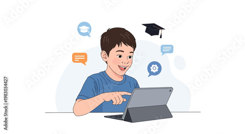 Happy boy using tablet for online learning, education and technology concept