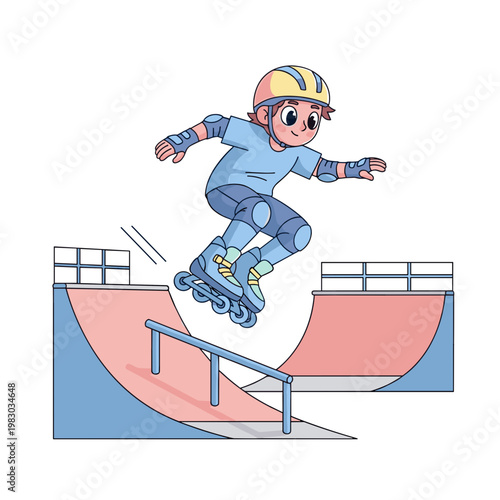 Youth  rollerblading and jumping at skate park ramp  