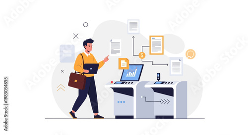 Man analyzing financial data on computer, business workflow illustration