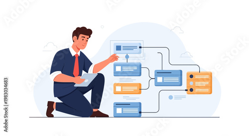 Man analyzing flowchart on tablet, business process, workflow management, data analysis