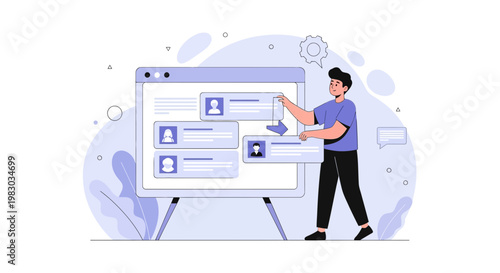 Man arranging user profiles on a digital board, recruitment or HR concept