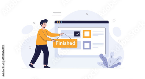 Man hanging 'Finished' sign on a project checklist on a computer screen