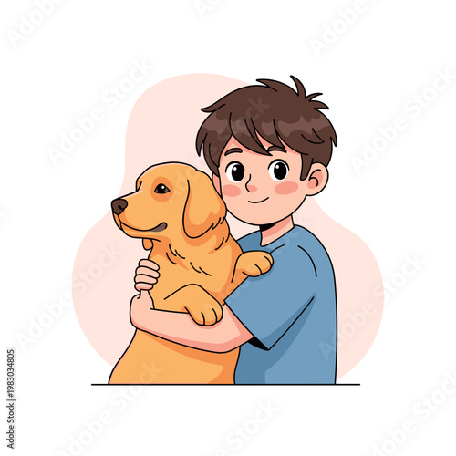 Adolescent boy hugging golden retriever dog with a smile  