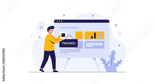Man hangs 'Finished' sign on presentation screen, project completion concept