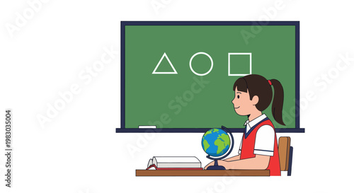 Cute school student girl sitting at her desk in a classroom with a chalkboard and globe.