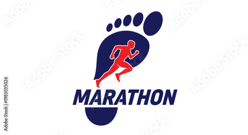 Marathon runner logo with athlete silhouette inside a footprint
